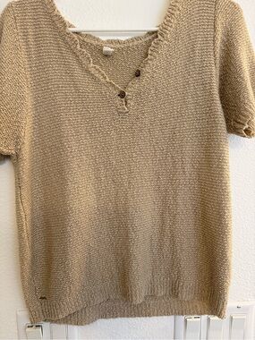 Wishlist Neutral Beige Knit Button V-Neck Top